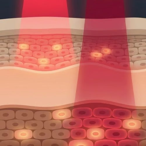 Illustration of red and near-infrared light entering layers of tissue