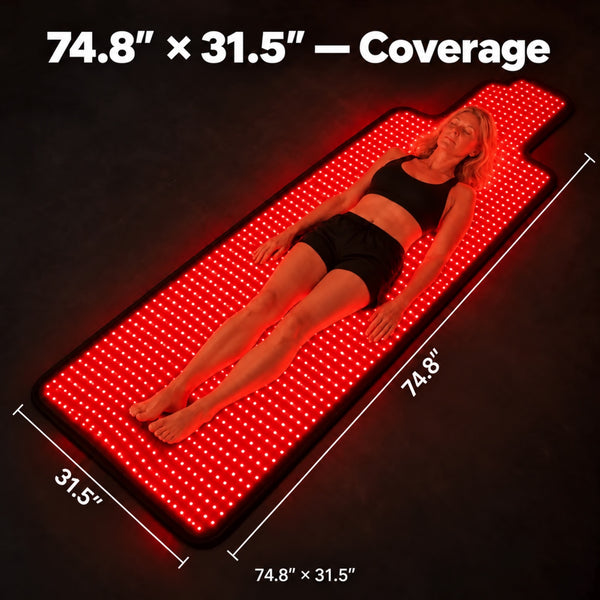 A woman lying full length on the lit mat, annotated 74.8 by 31.5 inches