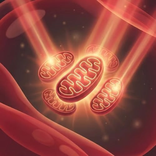 Illustration of mitochondria absorbing red light inside cells